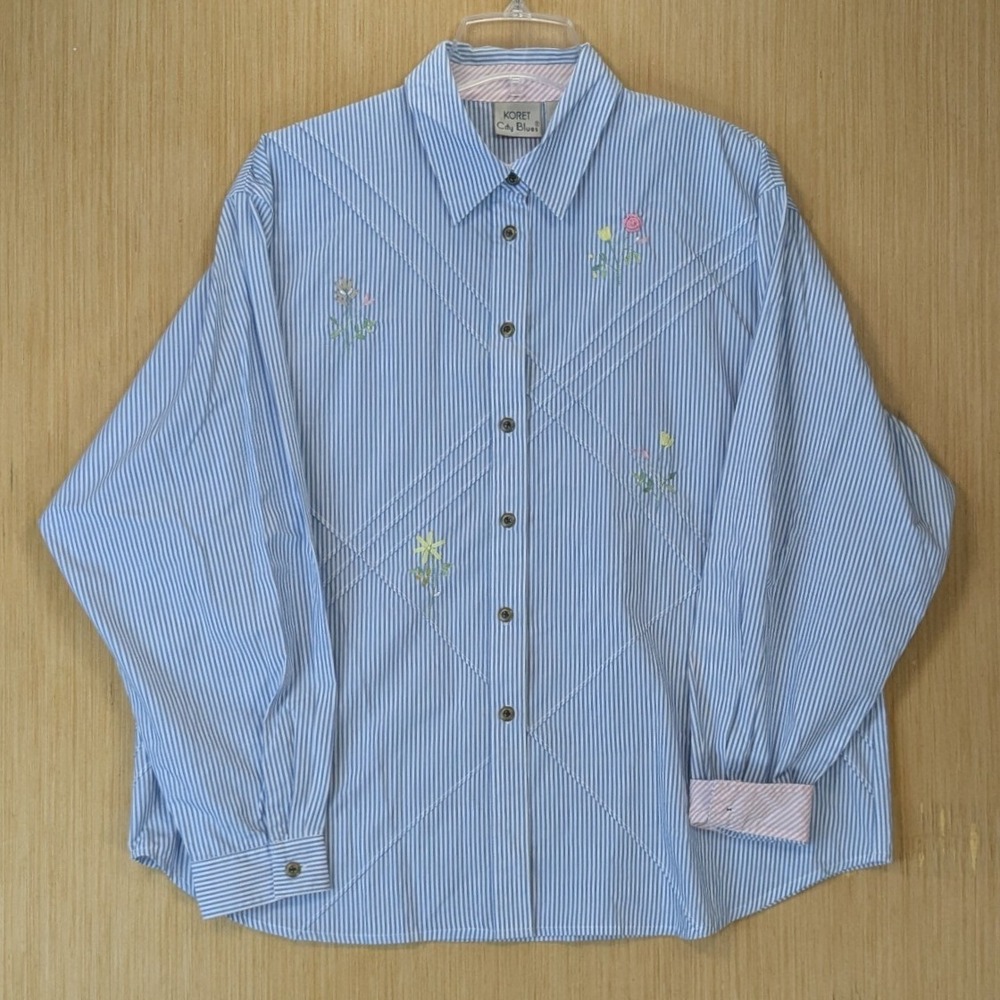 Koret Womens 90s Cottage Retro Striped Floral Embroidered Top XL Granny Vintage